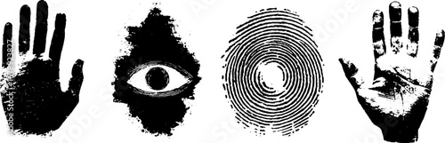 Black and white stencil art collection with handprints, eye, and fingerprint design for urban decor