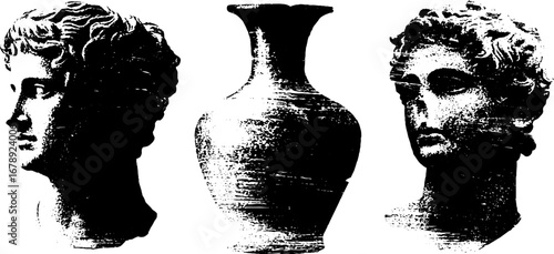 Black and white stencil illustration of ancient greek busts and vase