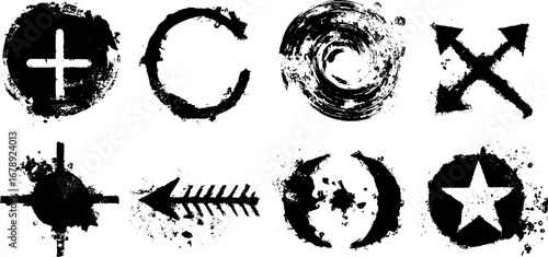 Black and white grunge stencil set of ancient symbols for design projects