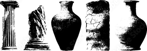 Ancient artifacts black and white stencil illustration set for vintage design projects