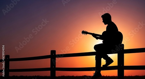 Cowboy Silhouette Sitting on Fence with Guitar at Sunset.