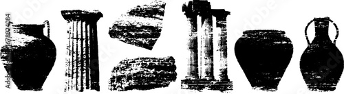 Ancient artifacts and architecture stencil collection in black and white for design projects