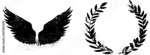 Black and white stencil art collection featuring wing and laurel wreath designs for urban and vintage decor