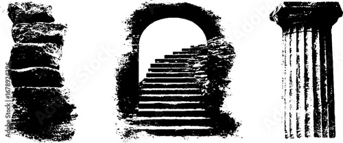 Grungy black and white stencil of stone arch and column set for urban design