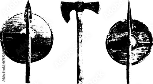 Grunge medieval weapon set featuring axe and shields for vintage design