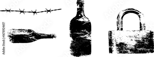 Black and white stencil art collection of barbed wire, bottles, and padlock design elements