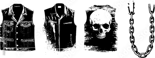 Biker style stencil collection: jackets, skull, chain design for posters or tattoos