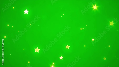Sparkling golden stars twinkle and shimmer against a vibrant green background, creating a magical festive atmosphere.