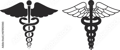 Black silhouette set of caduceus medical symbols with wings
