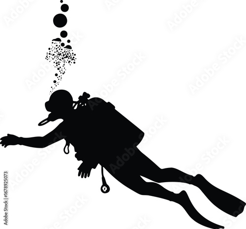 Black silhouette of scuba diver underwater with bubbles