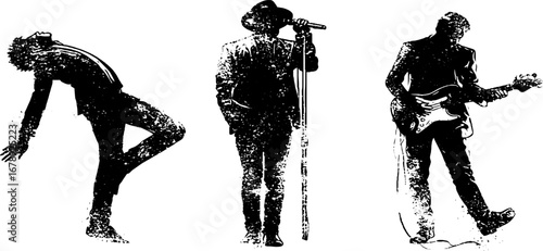 Black and white stencil illustrations of musicians: expressive poses and styles for urban art