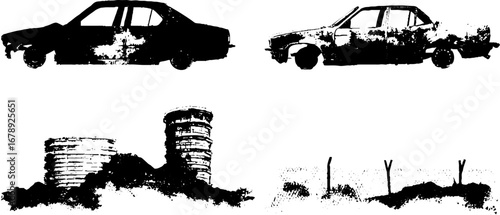 Urban decay stencil set: vintage cars and deteriorated structures for artistic designs