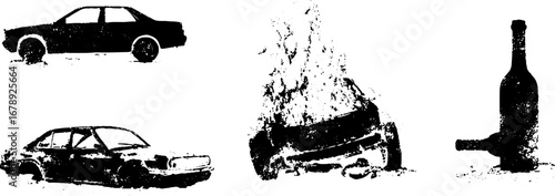 Black and white stencil set of burning cars and bottles for urban grunge design