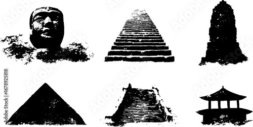 Black and white stencil set featuring iconic monuments and structures for creative designs
