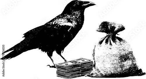 Stencil art of crow with cash and money bag: black and white urban design for creative projects