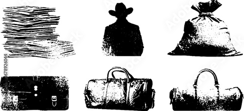Black and white stencil art set featuring cash, bags, and cowboy silhouette for urban design