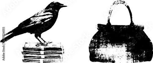 Black and white stencil illustration of bird on cash stack with vintage bag