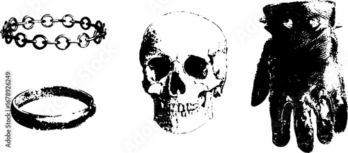 Black and white stencil set featuring chain, skull, and spiked glove for artistic design