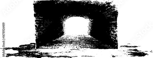 Black and white stencil set of archway tunnel with light