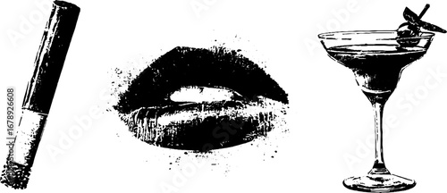 Black and white stencil set of cigar, lips, and cocktail glass for urban design