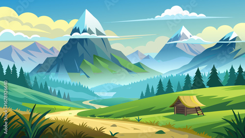 Vector art of scenic mountain landscape with green valley, trees, and a small house on a sunny day, perfect for travel and tourism, showcasing natures beauty