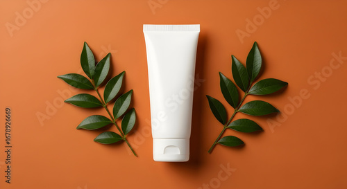 White cosmetic tube mockup with green leaves on orange background, perfect for skincare product branding and advertising campaigns.