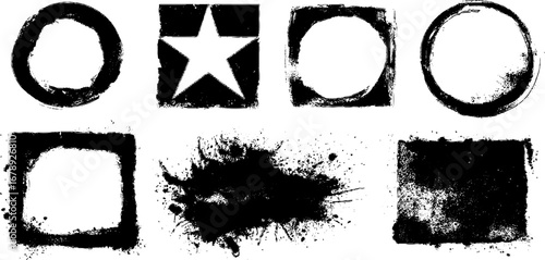 Abstract black and white grunge circle and square stencil set for design projects