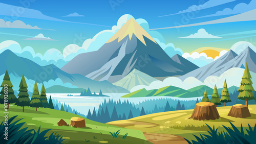Vector art of a picturesque mountain landscape featuring a valley, trees, and a clear sky, capturing the essence of nature and outdoor adventure during summer travel