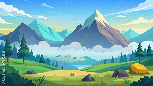 Vector art of a colorful cartoon landscape featuring majestic mountains, lush green fields, and a serene sky, perfect for travel and naturerelated designs