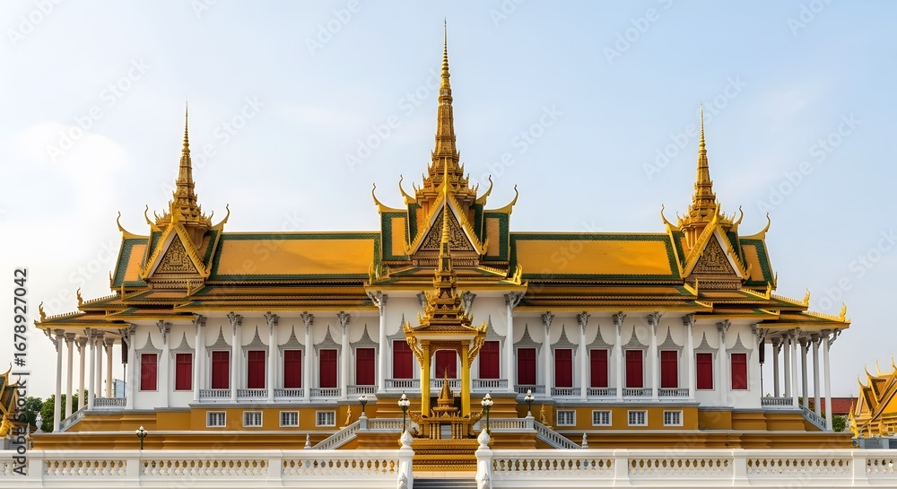 Fototapeta premium Magnificent Golden Roofs and Ornate Spires of the Royal Palace, a Cambodian Architectural Gem Under a Clear Sky