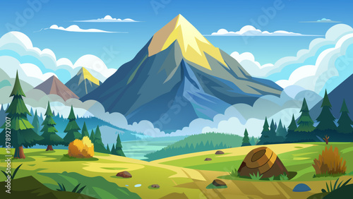 Vector art of scenic mountain landscape with a golden peak, lush green valley, and clear blue sky, perfect for travel, tourism, and outdoor adventure concepts