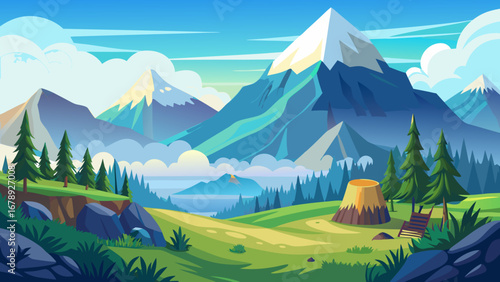 Vector art of serene mountain landscape featuring lush green fields, towering peaks, and a tranquil lake under a bright blue sky with scattered clouds