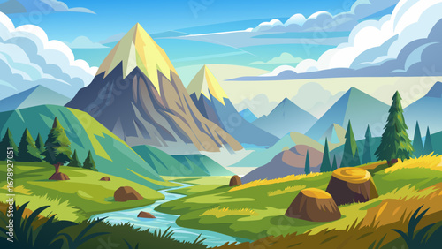 Vector art of idyllic mountain landscape with a golden peak, flowing river, and lush green valley, perfect for travel, tourism, and outdoor adventure concepts
