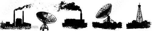 Urban cityscape silhouette with industrial and satellite scenes for design