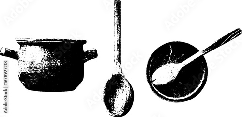 Black and white clay kitchenware stencil set for design and decor projects