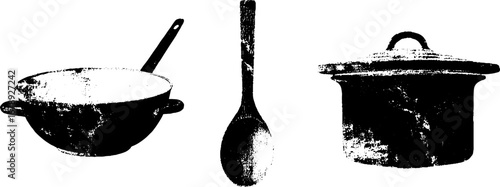Black and white stencil set of clay cooking utensils for rustic kitchen decor