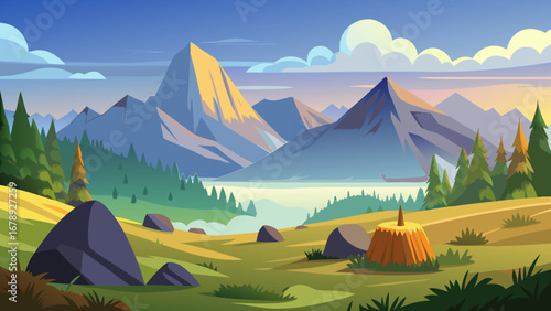 Vector art of scenic mountain landscape with green valley, rural fields, and blue sky, perfect for travel and tourism, showcasing natures beauty and outdoor adventure