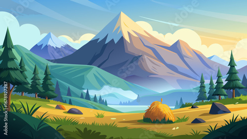 Vector art of majestic mountain scenery with green valley, rural fields, and blue sky, ideal for travel and tourism, capturing natures beauty and outdoor adventure