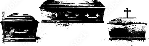 Black and white stencil illustration set of coffins for halloween design and décor