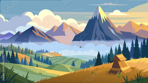 Vector art of scenic mountain vista with rolling hills, dense forests, and a majestic peak piercing through the clouds, ideal for a summer escape