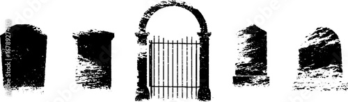 Black and white graveyard stencil art set for halloween designs and decoration