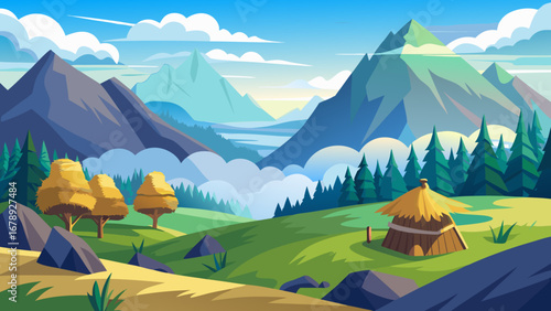 Vector art of a picturesque mountain landscape with lush greenery, towering peaks, and a quaint hut nestled among the trees, creating a peaceful and inviting scene