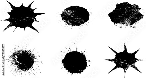 Black and white grunge stencil set featuring comic-inspired ink blots