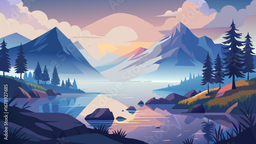 Vector art of vector illustration of a tranquil mountain lake at dawn, reflecting the soft pastel sky and surrounding trees, creating a serene and peaceful natural landscape