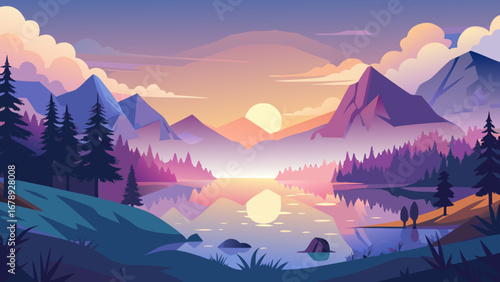 Vector art of a captivating mountain landscape featuring a serene lake reflecting the vibrant sunset, surrounded by lush forests and a tranquil atmosphere, perfect for travel