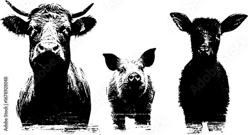 Black and white stencil set featuring cow, pig, and sheep for farm animal design