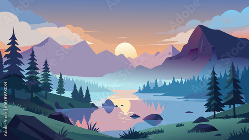 Vector art of a tranquil landscape illustration capturing the beauty of a mountain lake at sunset, with the suns golden light reflecting on the calm water surface
