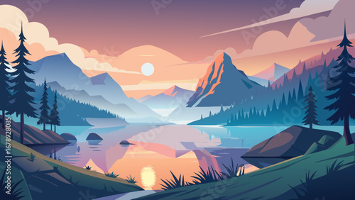 Vector art of a breathtaking landscape illustration of a serene lake reflecting the vibrant colors of the sunset, surrounded by majestic mountains and lush forests