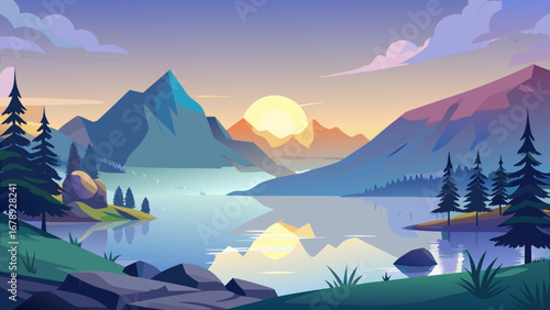 Vector art of captivating mountain lake landscape at sunset, with the suns golden light reflecting on the water, surrounded by majestic peaks and lush greenery