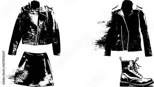 Grunge fashion stencil set: edgy jacket, skirt, and boot design for urban art